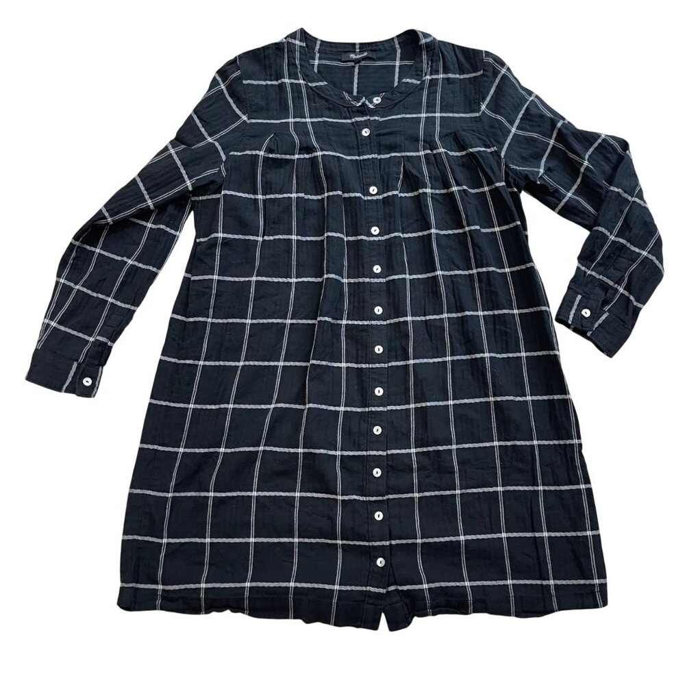 Madewell Collarless Shirtdress in Windowpane Women's Size Medium True Black Mini